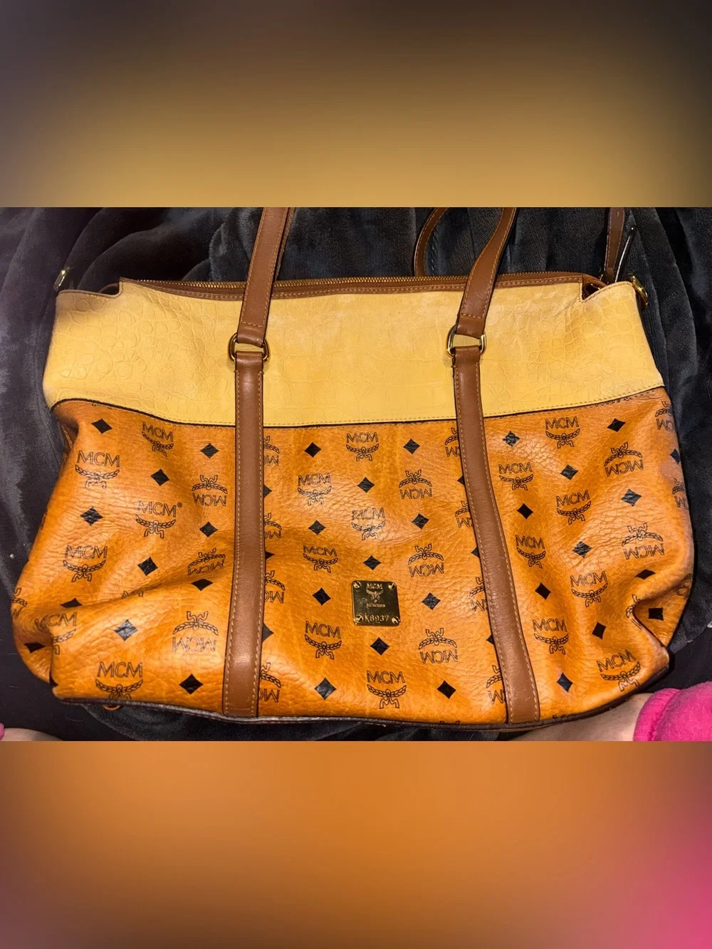 MCM Two-Tone Cognac/Light Yellow Embossed Leather 2-way Tote Y2K
